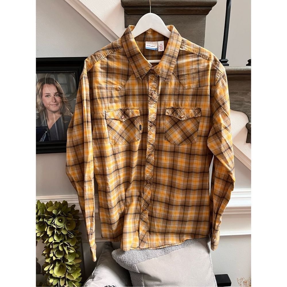 Hurley Itemation Mustard & Gray Plaid Pearl Snap Button Down Shirt sz XL EUC